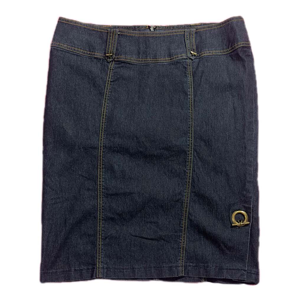 Y2K Bisou Bisou Indigo Dark Wash Denim Skirt Slitted Metal Accents Size 10 Women